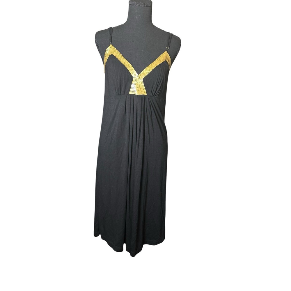 BCBGMAXAZRIA Cocktail Dress Women Medium Black Excellent Gold Sequin V-Neck Midi